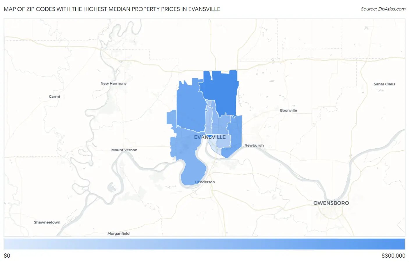 Zip Codes with the Highest Median Property Prices in Evansville Map
