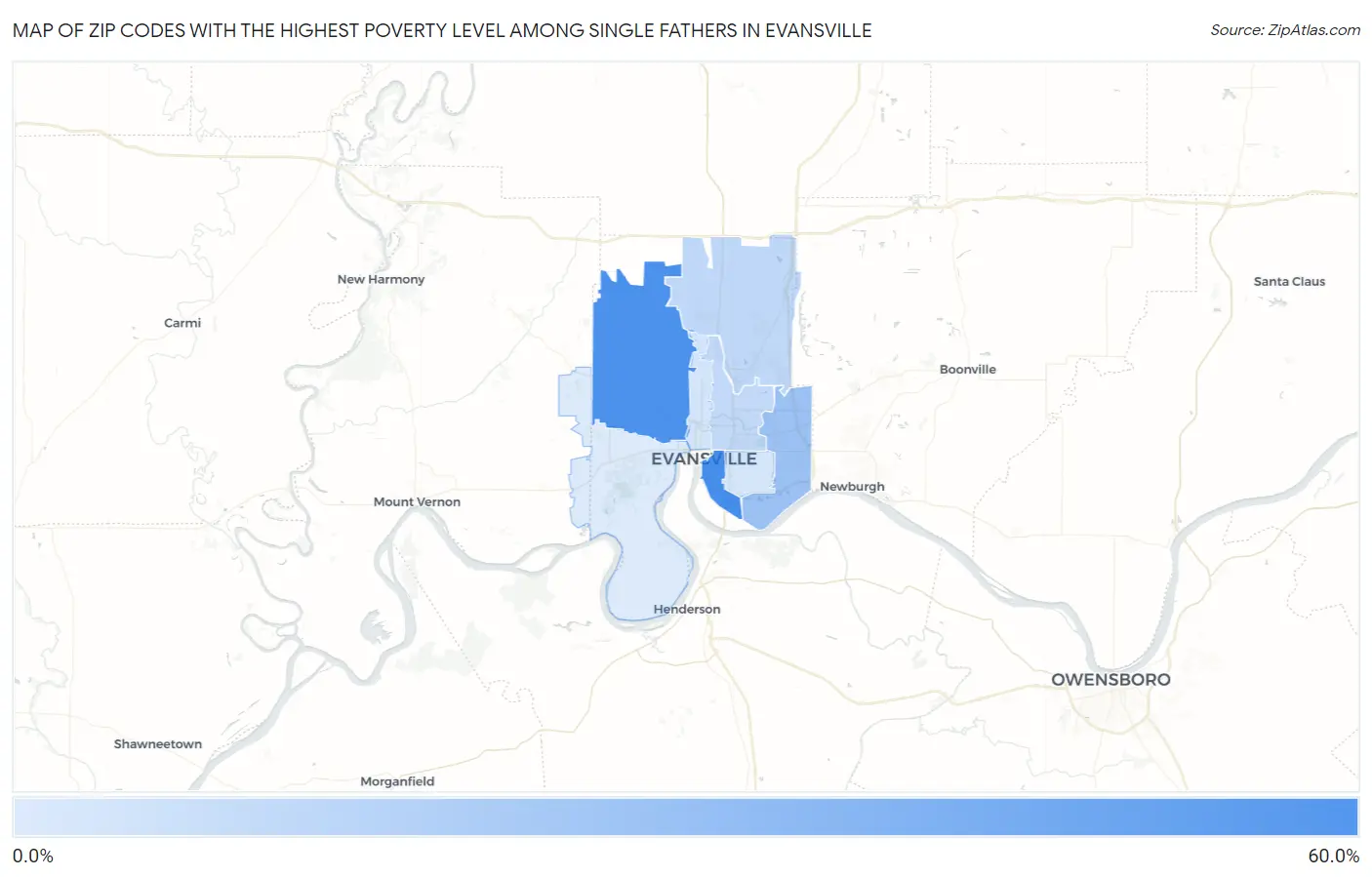 Zip Codes with the Highest Poverty Level Among Single Fathers in Evansville Map