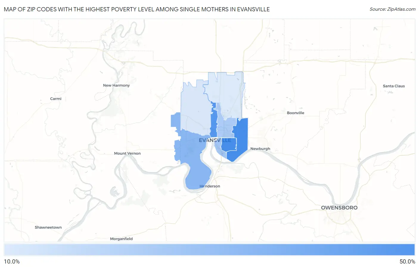 Zip Codes with the Highest Poverty Level Among Single Mothers in Evansville Map