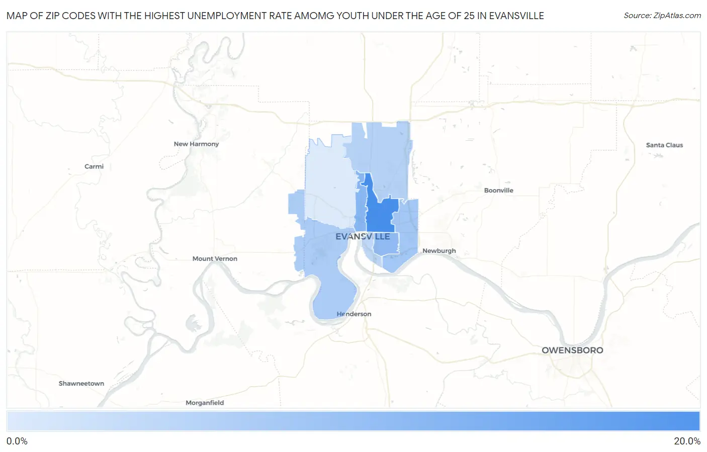 Zip Codes with the Highest Unemployment Rate Amomg Youth Under the Age of 25 in Evansville Map