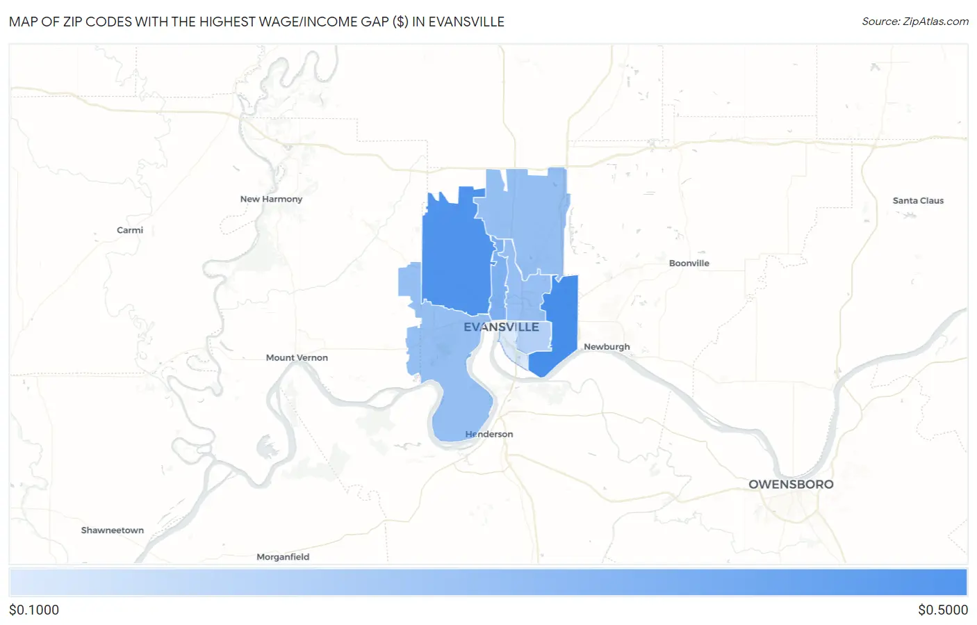 Zip Codes with the Highest Wage/Income Gap ($) in Evansville Map