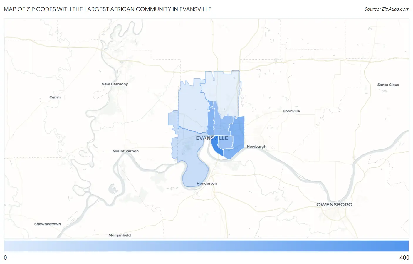 Zip Codes with the Largest African Community in Evansville Map