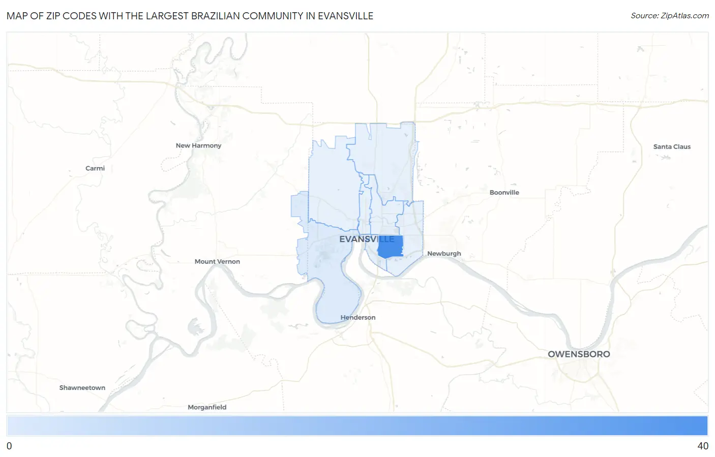 Zip Codes with the Largest Brazilian Community in Evansville Map