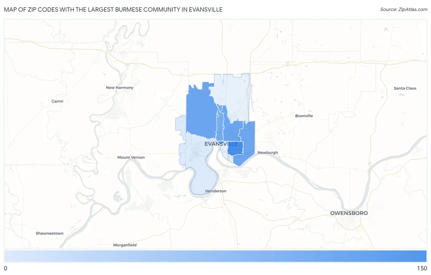 Zip Codes with the Largest Burmese Community in Evansville Map