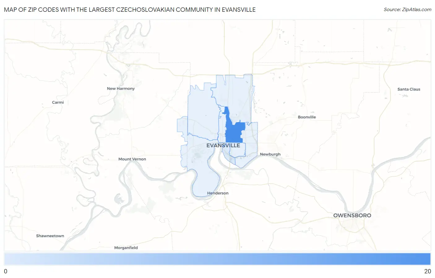 Zip Codes with the Largest Czechoslovakian Community in Evansville Map