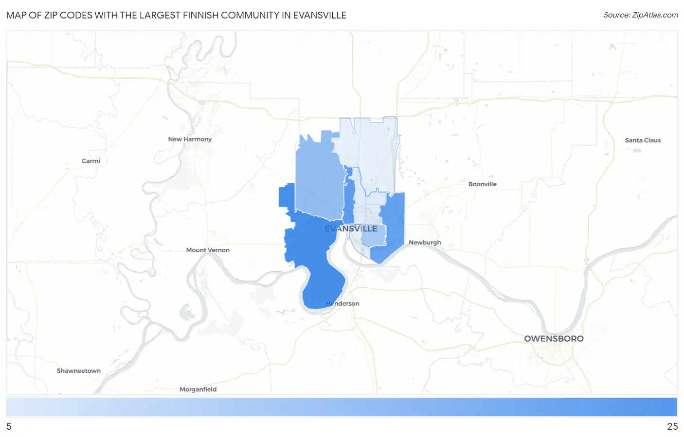 Zip Codes with the Largest Finnish Community in Evansville Map