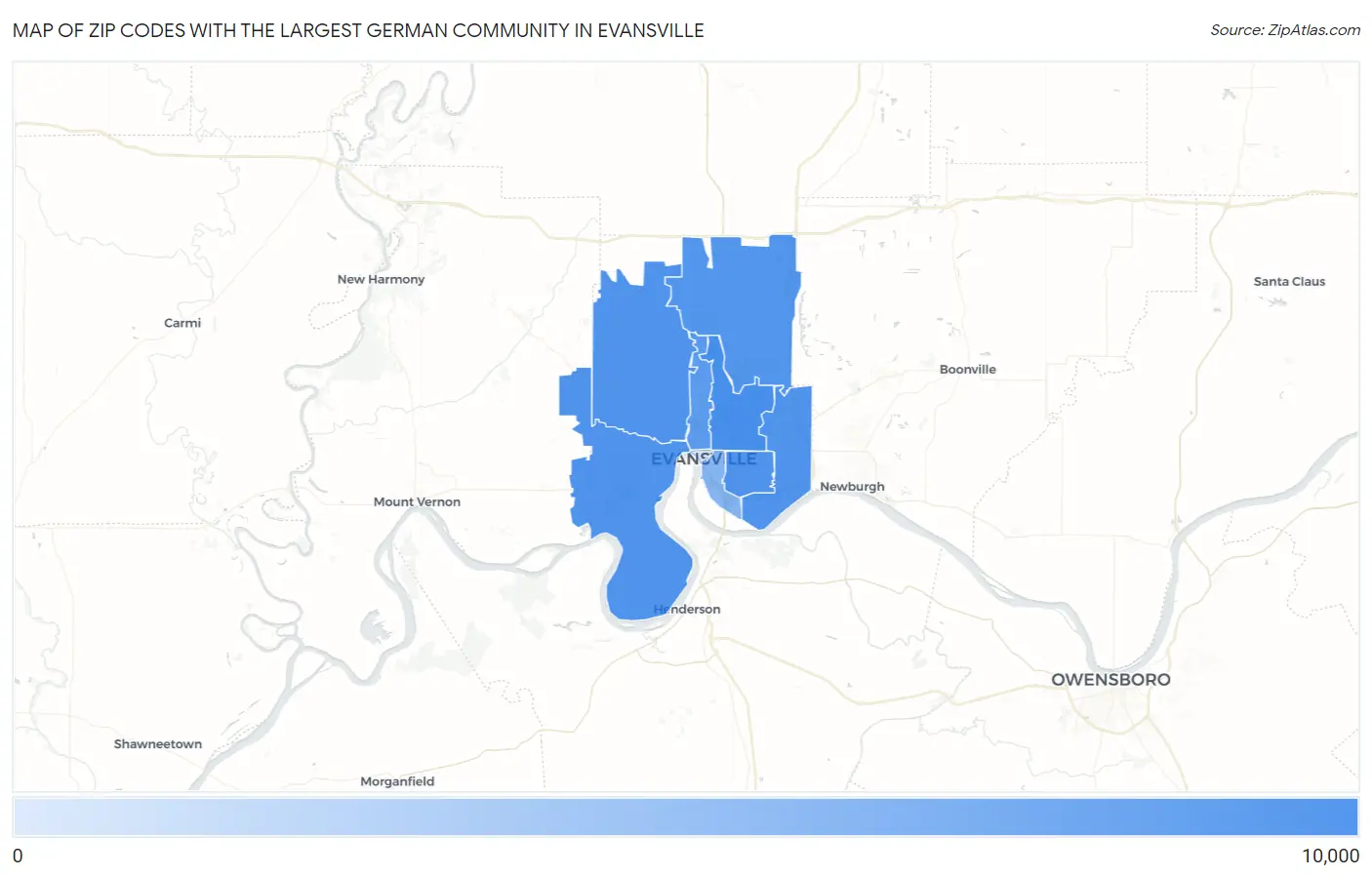 Zip Codes with the Largest German Community in Evansville Map