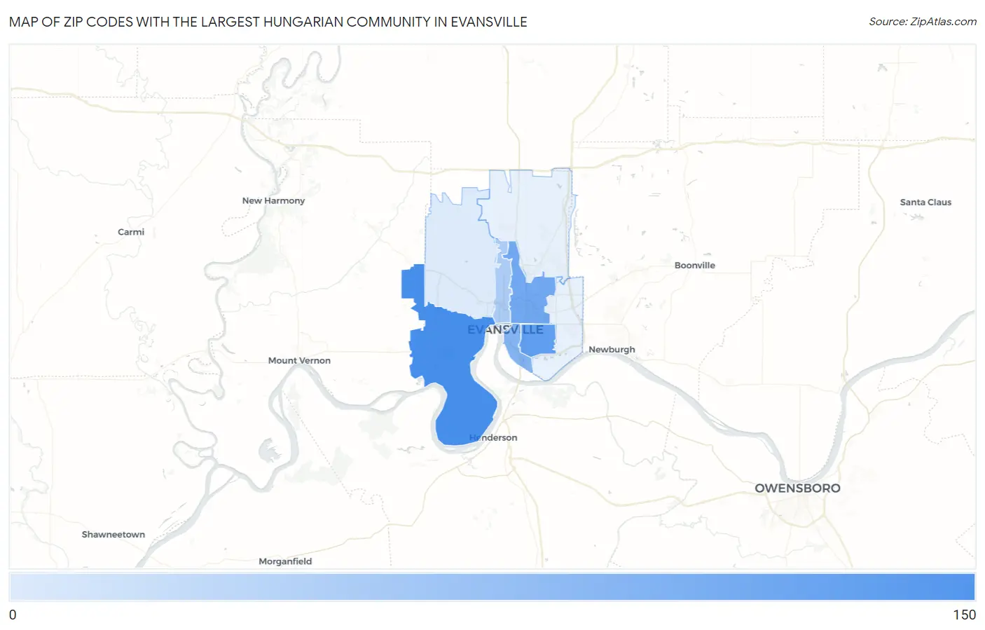 Zip Codes with the Largest Hungarian Community in Evansville Map