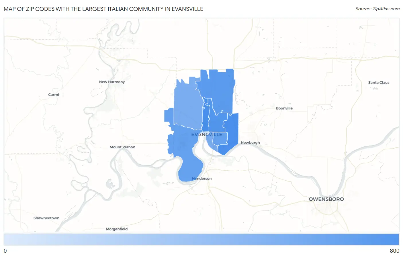 Zip Codes with the Largest Italian Community in Evansville Map