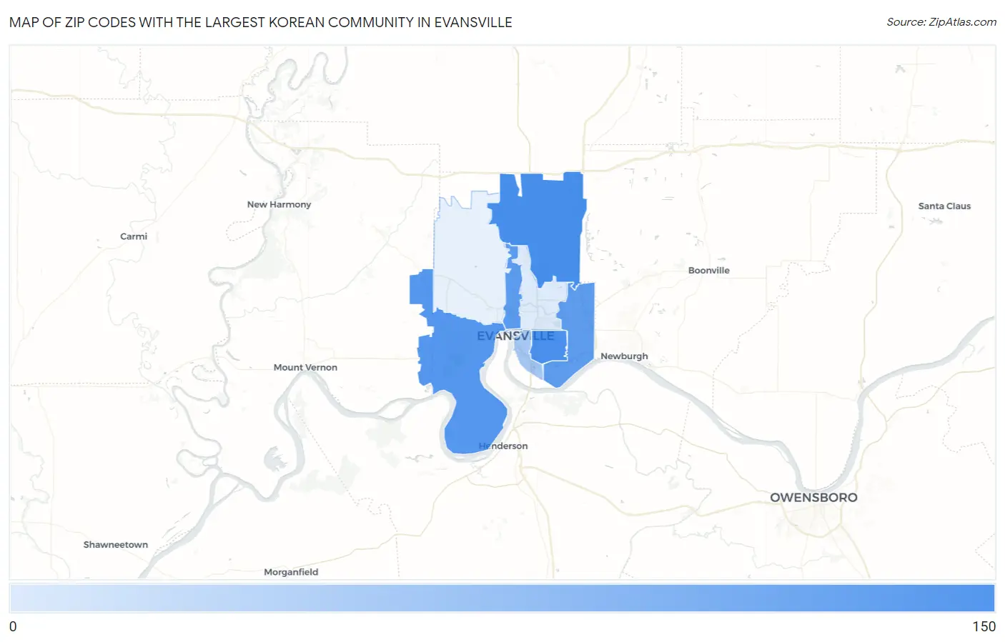 Zip Codes with the Largest Korean Community in Evansville Map