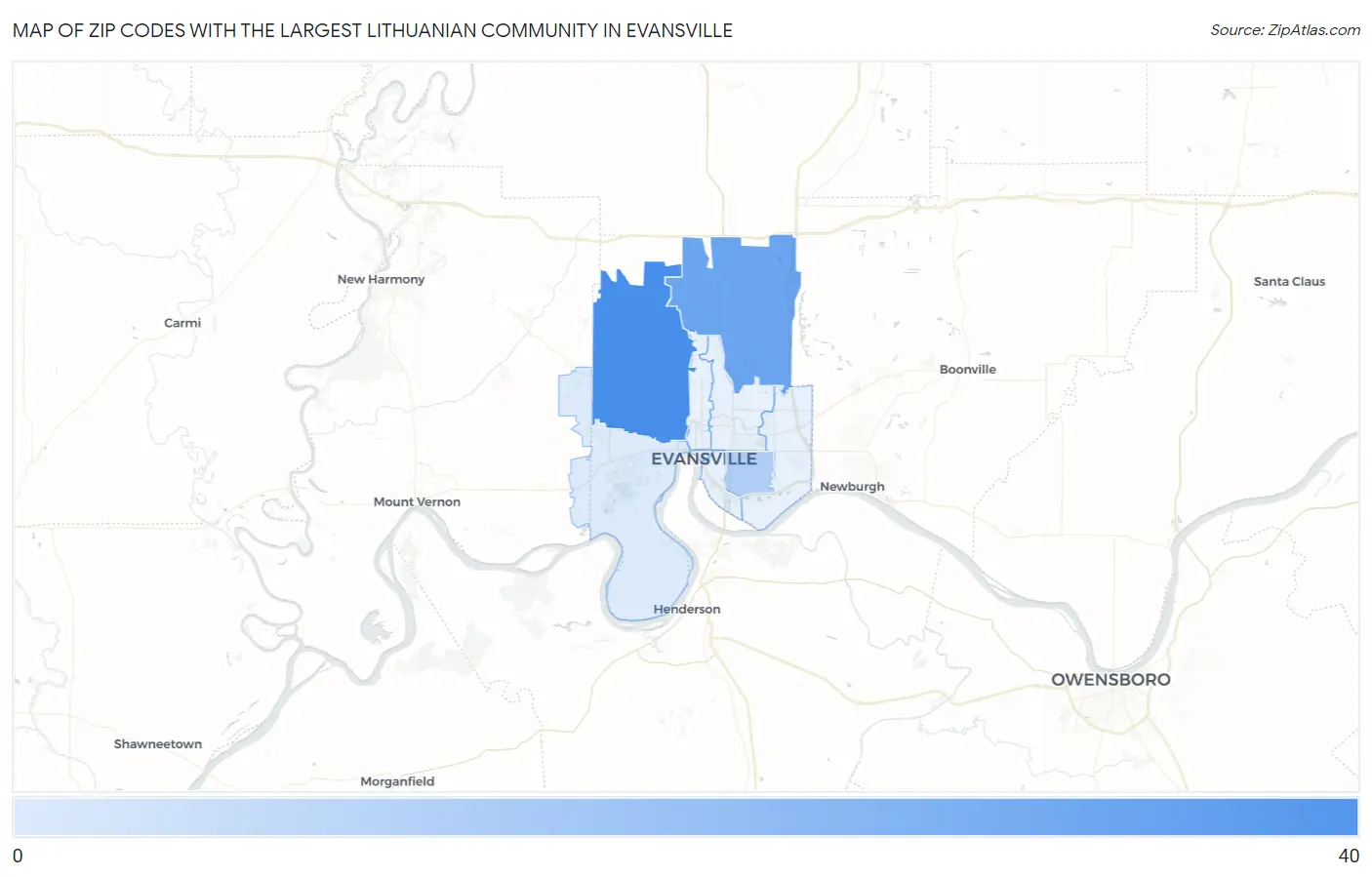 Zip Codes with the Largest Lithuanian Community in Evansville Map