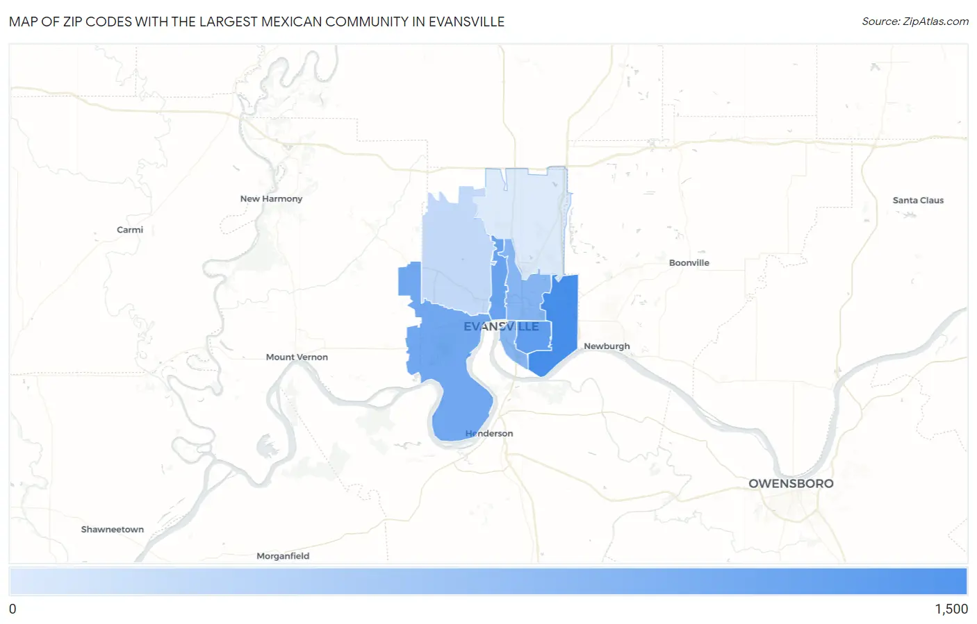 Zip Codes with the Largest Mexican Community in Evansville Map