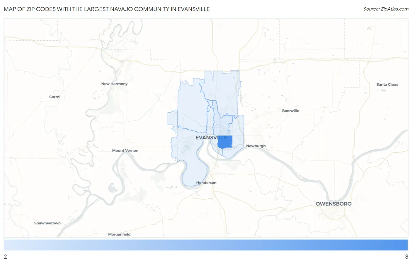 Zip Codes with the Largest Navajo Community in Evansville Map