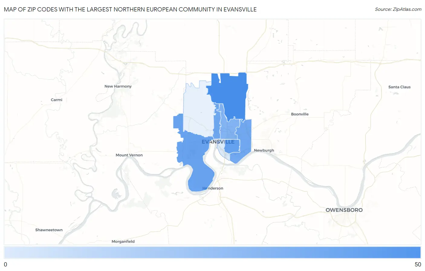 Zip Codes with the Largest Northern European Community in Evansville Map