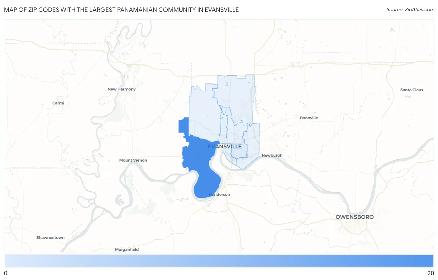 Zip Codes with the Largest Panamanian Community in Evansville Map