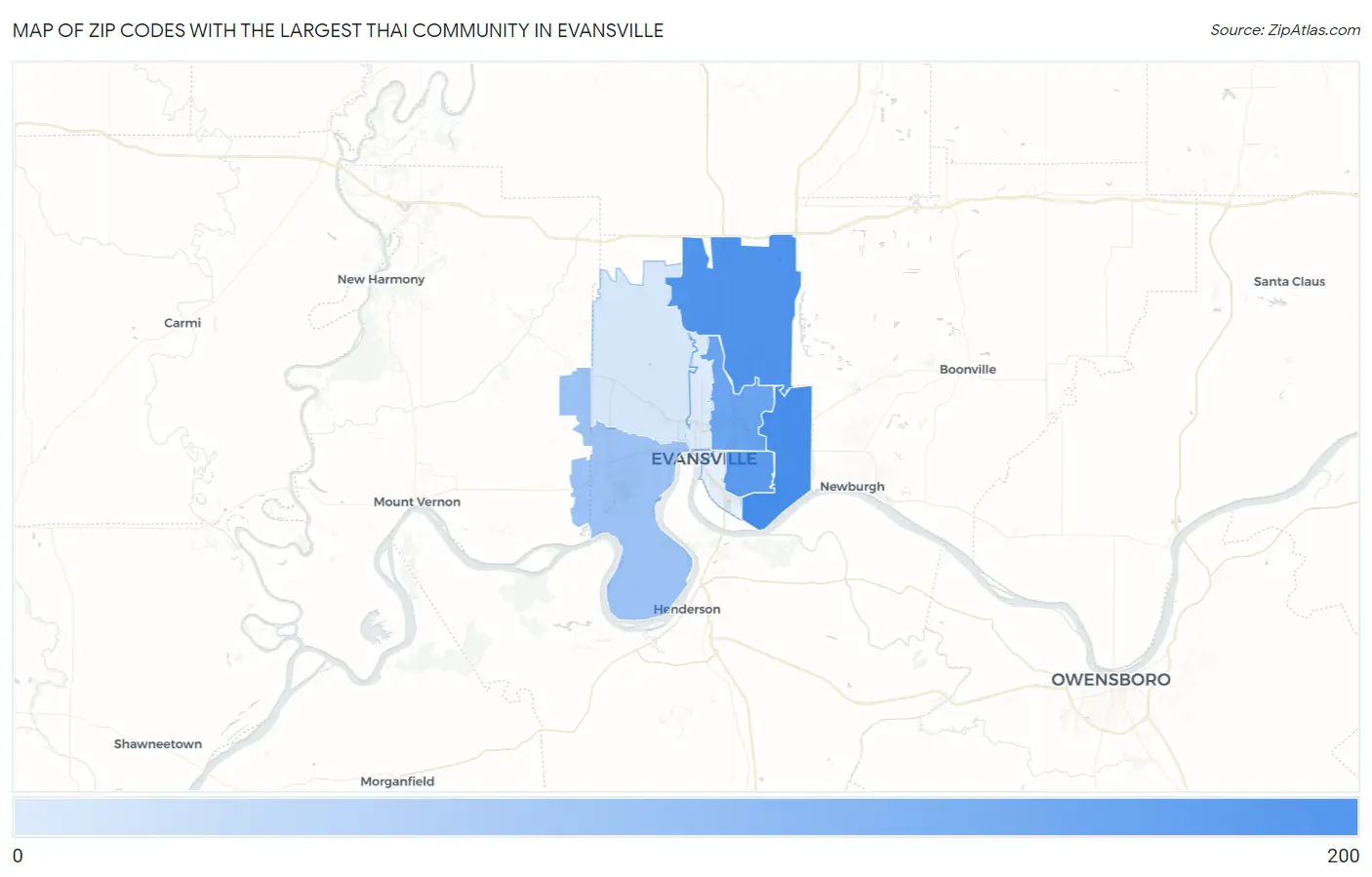 Zip Codes with the Largest Thai Community in Evansville Map