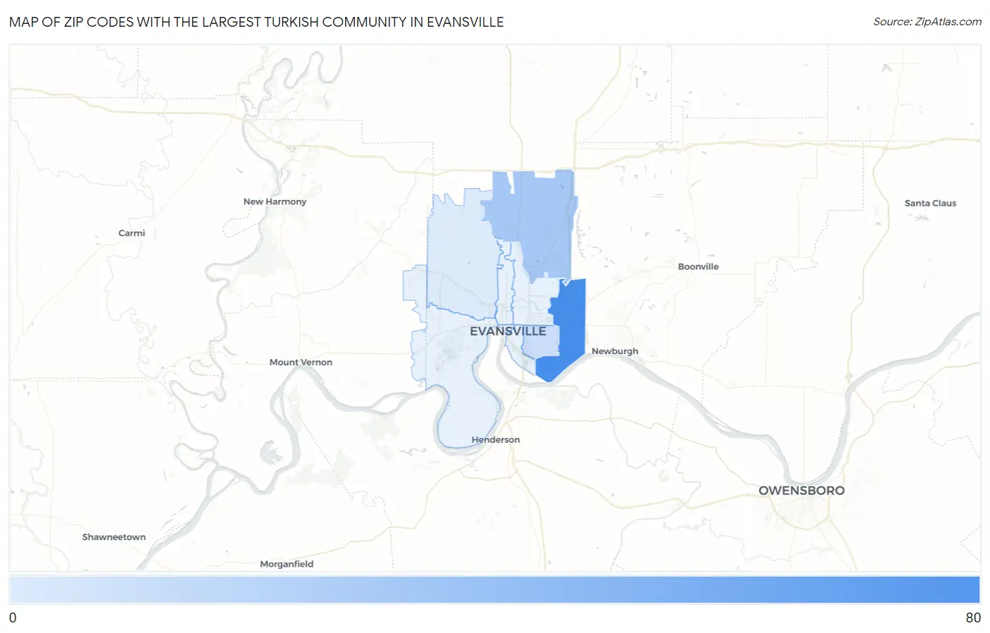 Zip Codes with the Largest Turkish Community in Evansville Map