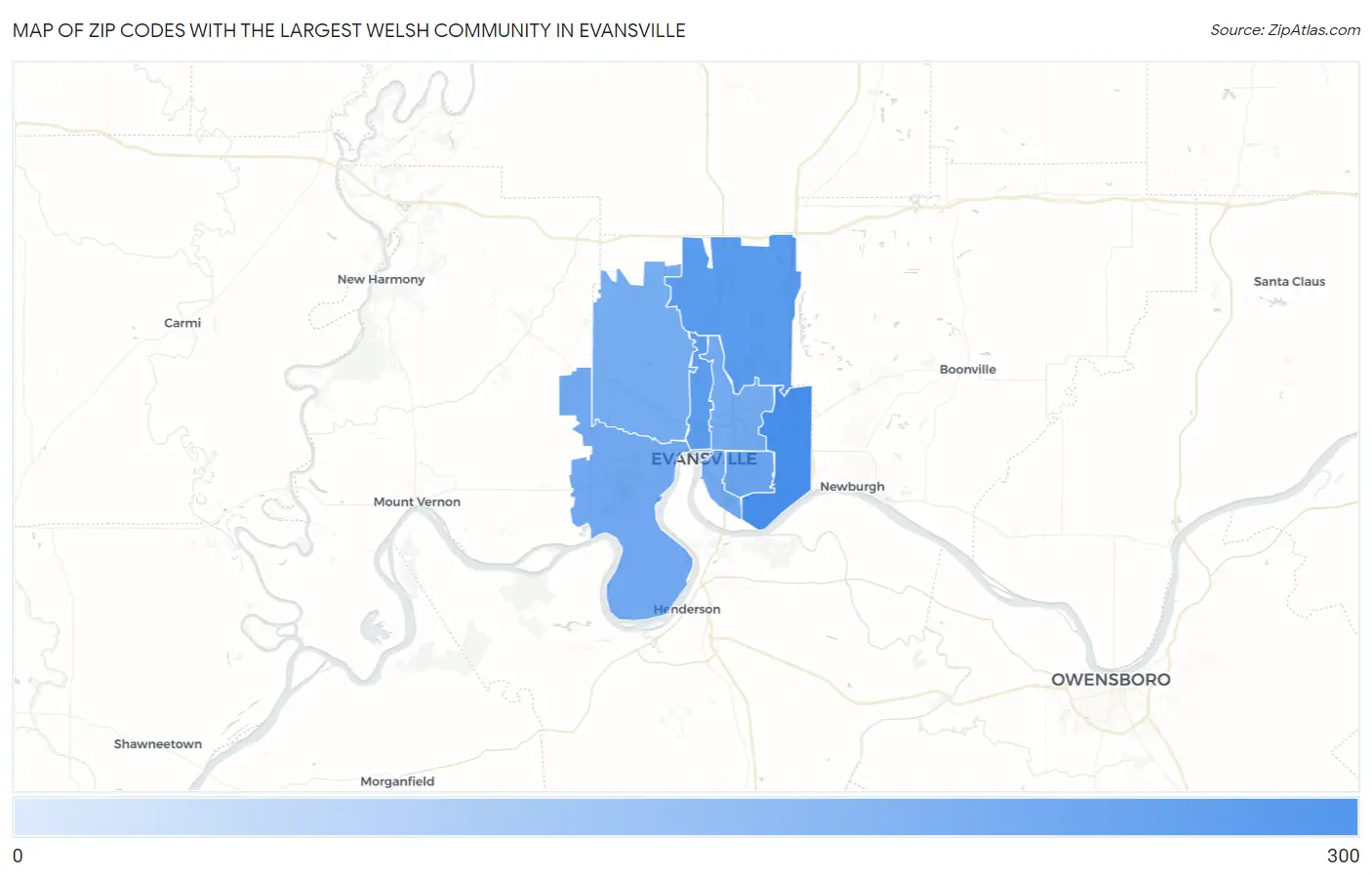 Zip Codes with the Largest Welsh Community in Evansville Map