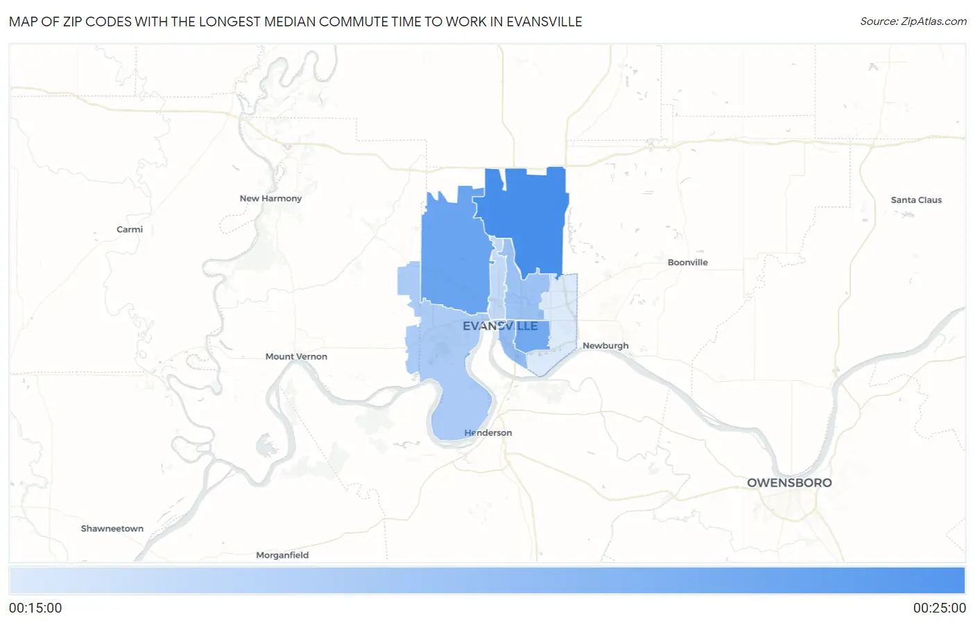 Zip Codes with the Longest Median Commute Time to Work in Evansville Map