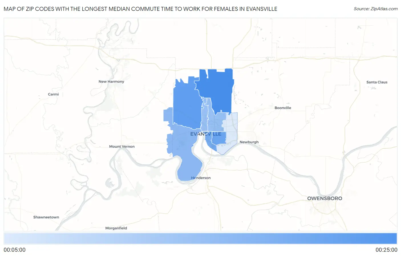 Zip Codes with the Longest Median Commute Time to Work for Females in Evansville Map