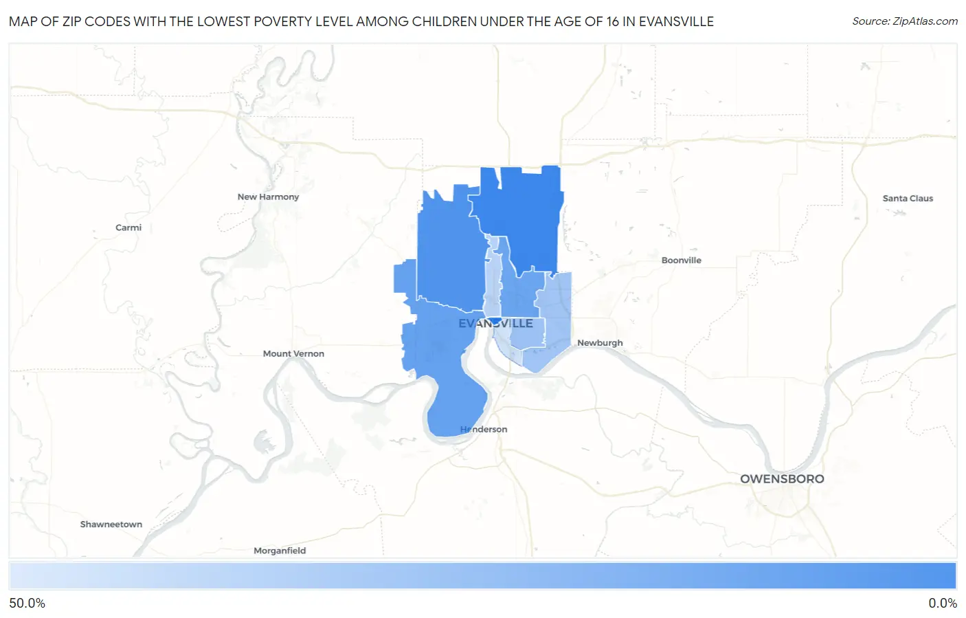Zip Codes with the Lowest Poverty Level Among Children Under the Age of 16 in Evansville Map