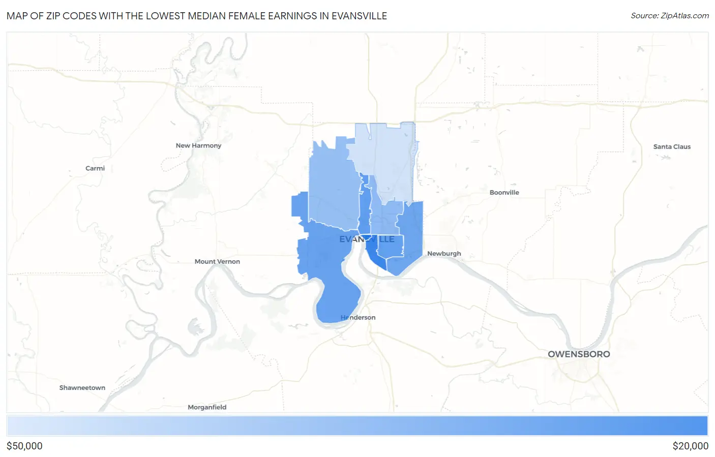 Zip Codes with the Lowest Median Female Earnings in Evansville Map