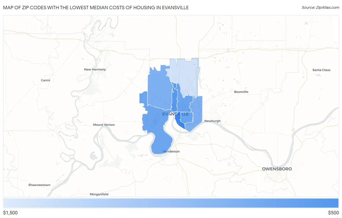 Zip Codes with the Lowest Median Costs of Housing in Evansville Map