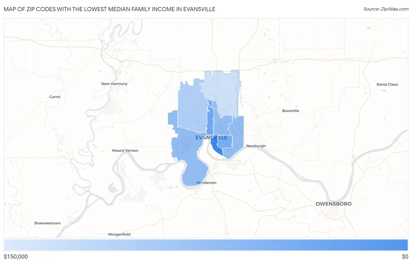 Zip Codes with the Lowest Median Family Income in Evansville Map