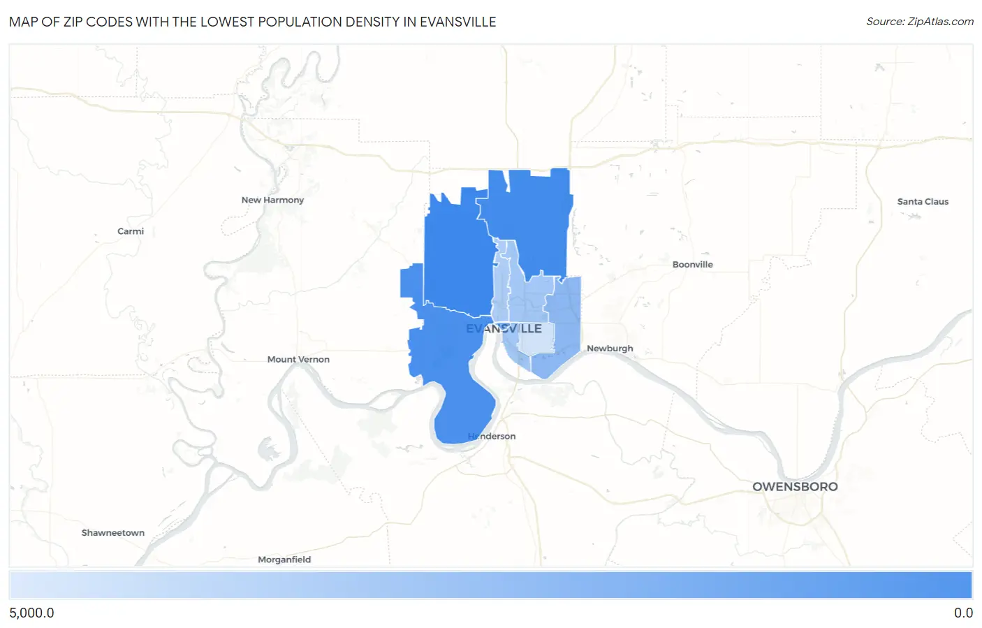 Zip Codes with the Lowest Population Density in Evansville Map