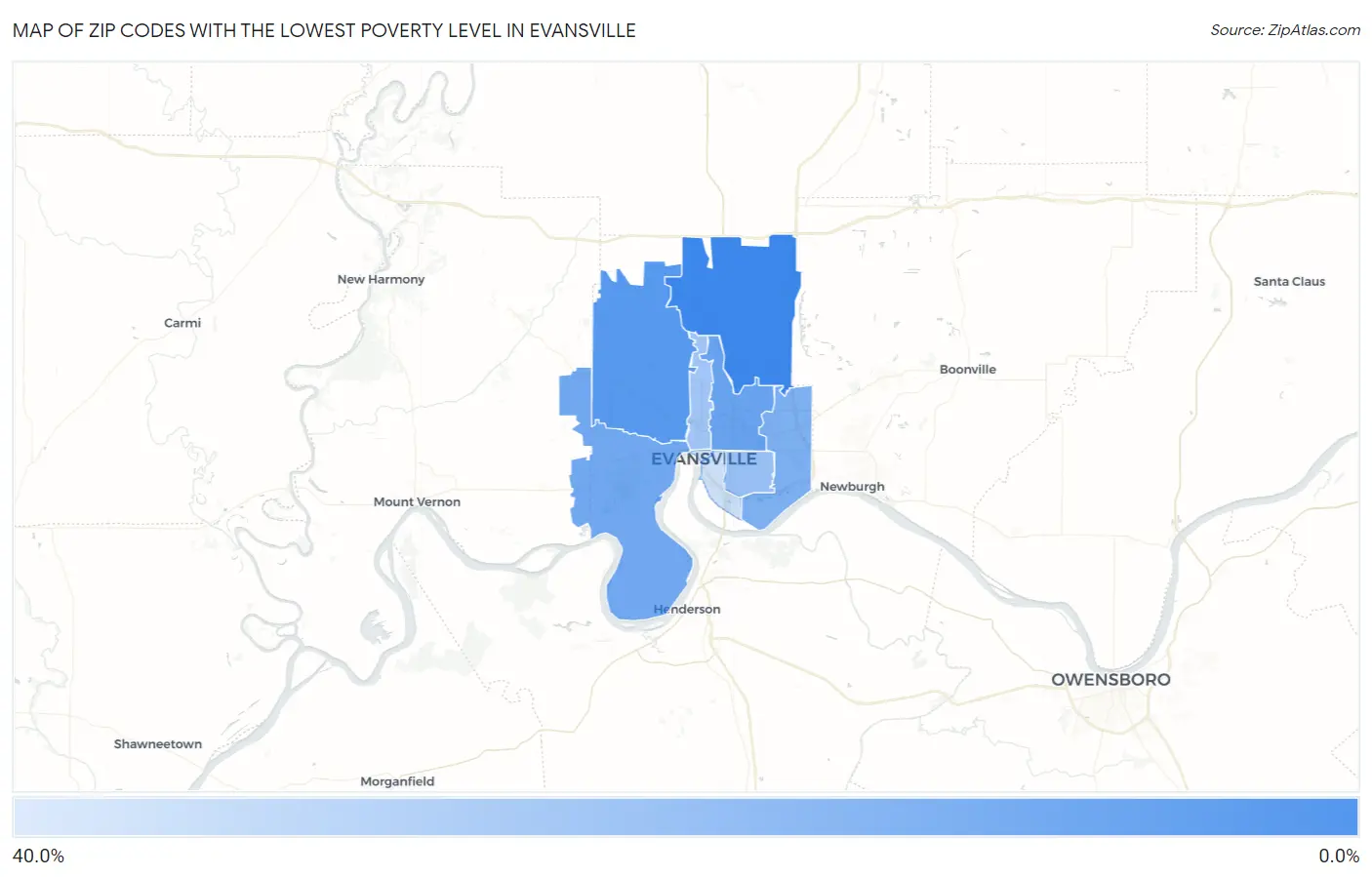 Zip Codes with the Lowest Poverty Level in Evansville Map