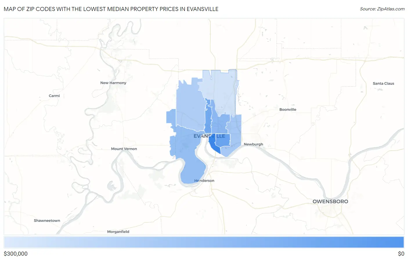 Zip Codes with the Lowest Median Property Prices in Evansville Map