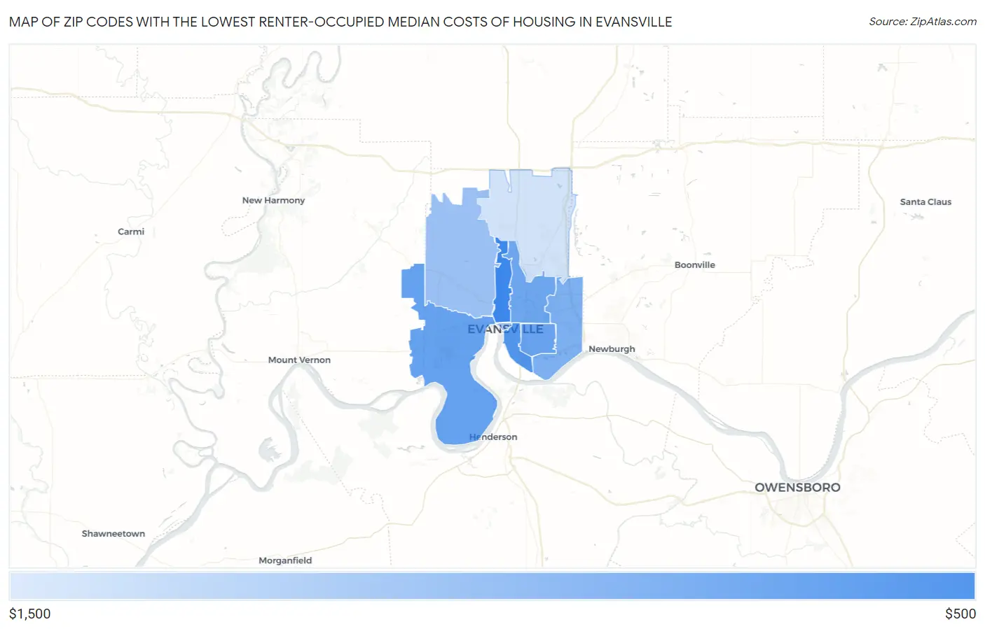 Zip Codes with the Lowest Renter-Occupied Median Costs of Housing in Evansville Map