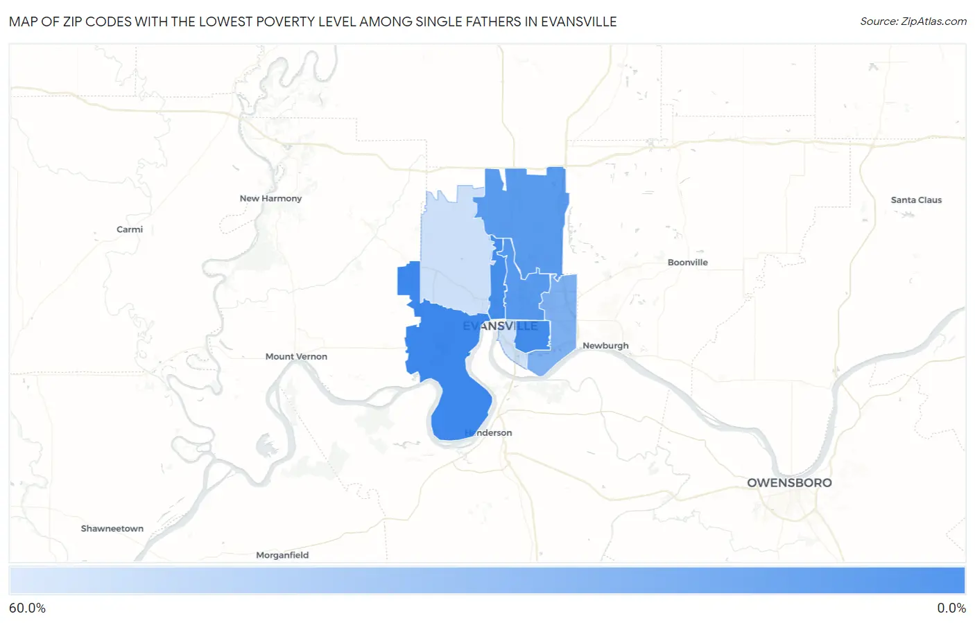 Zip Codes with the Lowest Poverty Level Among Single Fathers in Evansville Map