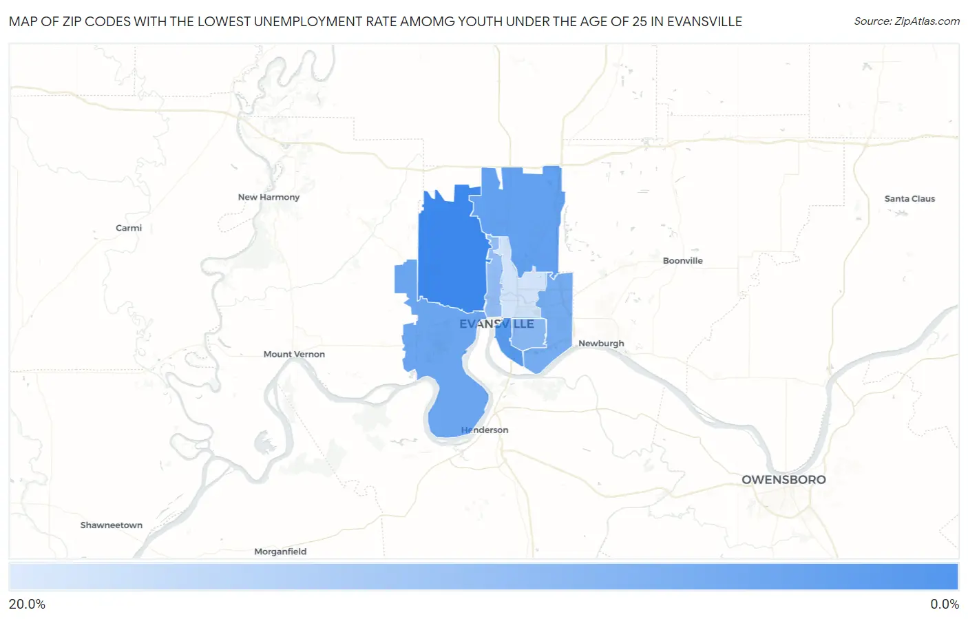 Zip Codes with the Lowest Unemployment Rate Amomg Youth Under the Age of 25 in Evansville Map