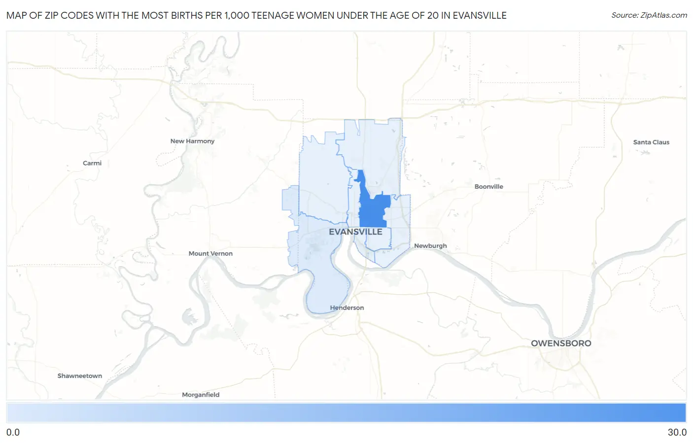 Zip Codes with the Most Births per 1,000 Teenage Women Under the Age of 20 in Evansville Map