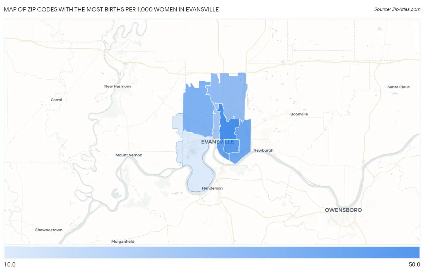 Zip Codes with the Most Births per 1,000 Women in Evansville Map