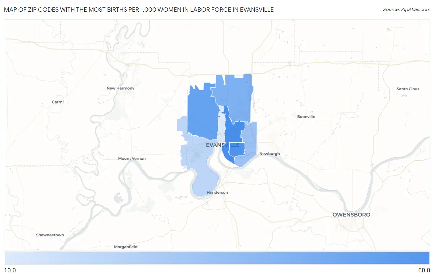 Zip Codes with the Most Births per 1,000 Women in Labor Force in Evansville Map