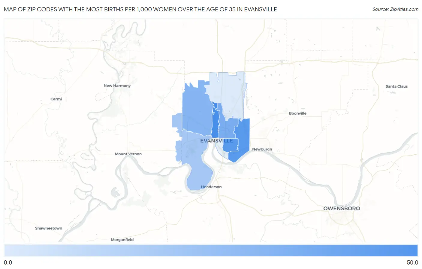 Zip Codes with the Most Births per 1,000 Women Over the Age of 35 in Evansville Map