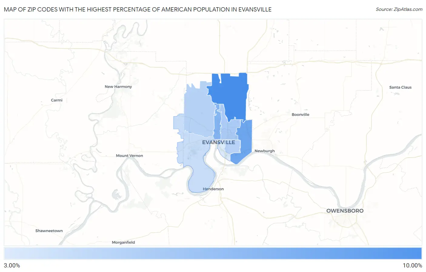 Zip Codes with the Highest Percentage of American Population in Evansville Map
