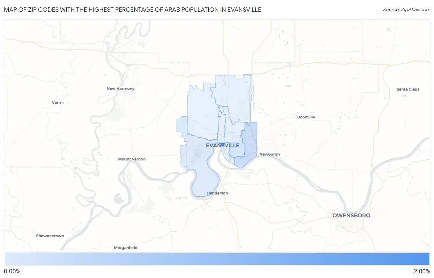 Zip Codes with the Highest Percentage of Arab Population in Evansville Map
