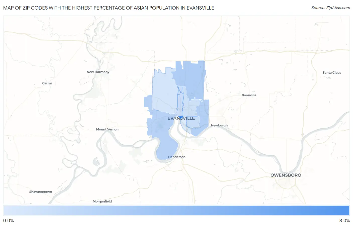 Zip Codes with the Highest Percentage of Asian Population in Evansville Map