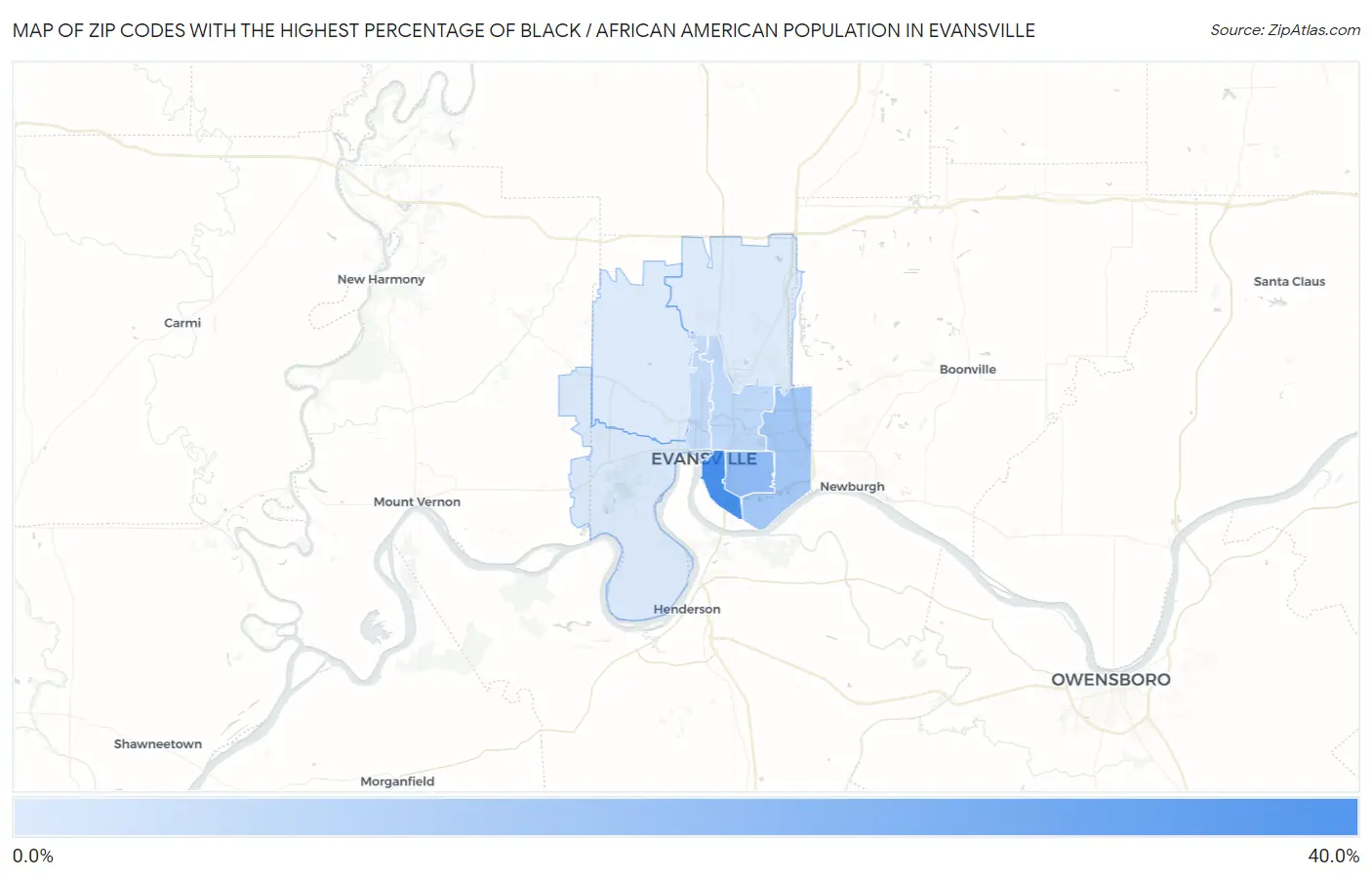 Zip Codes with the Highest Percentage of Black / African American Population in Evansville Map