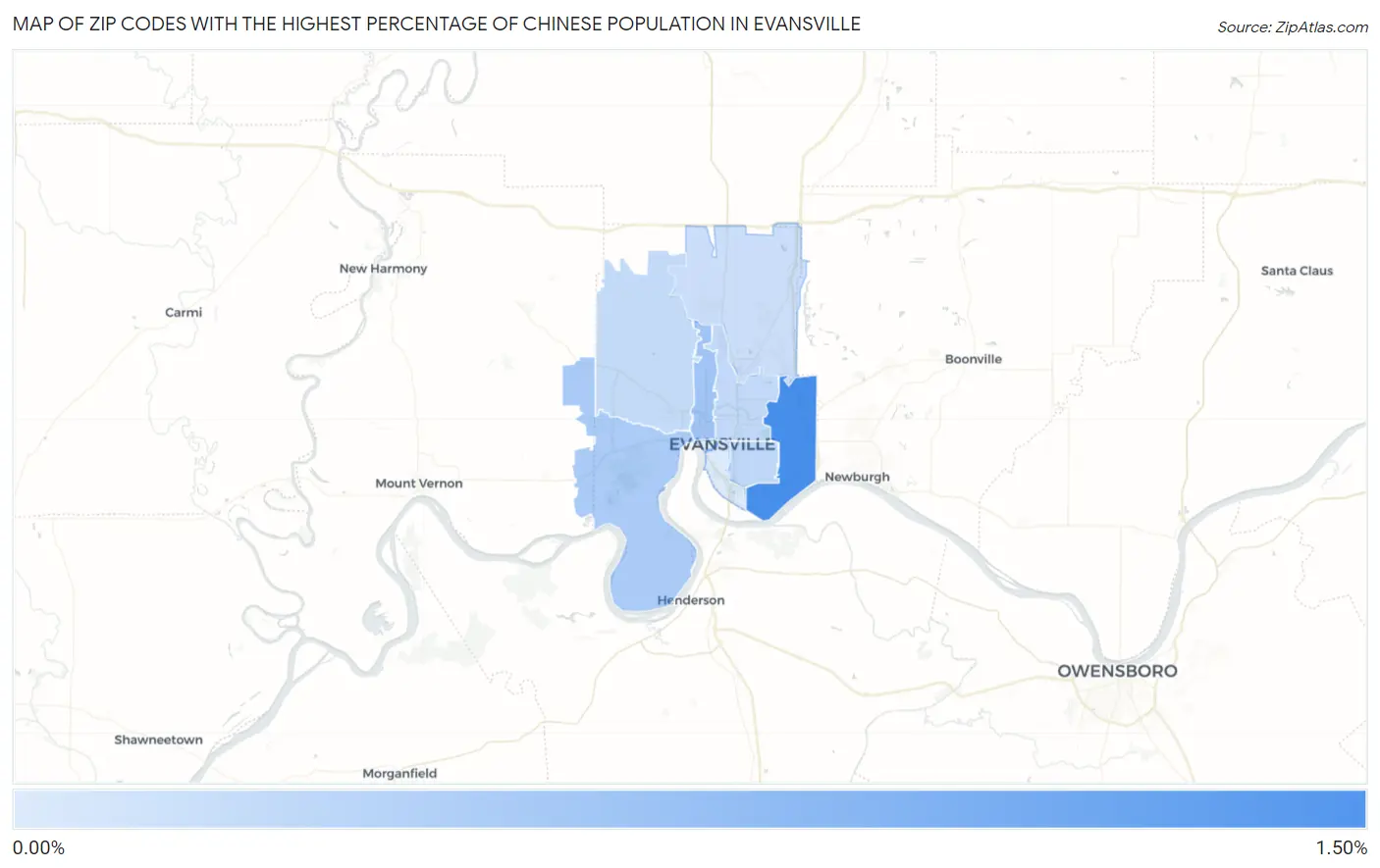 Zip Codes with the Highest Percentage of Chinese Population in Evansville Map