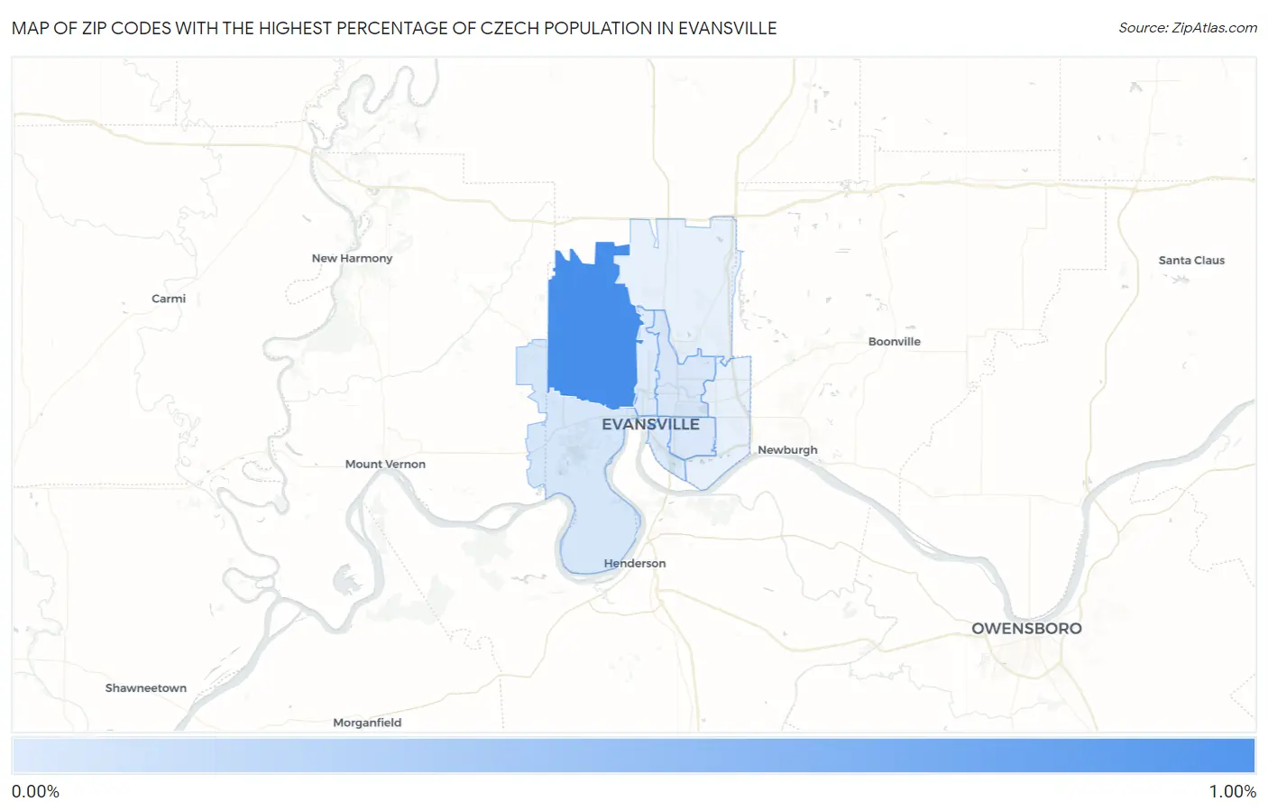 Zip Codes with the Highest Percentage of Czech Population in Evansville Map