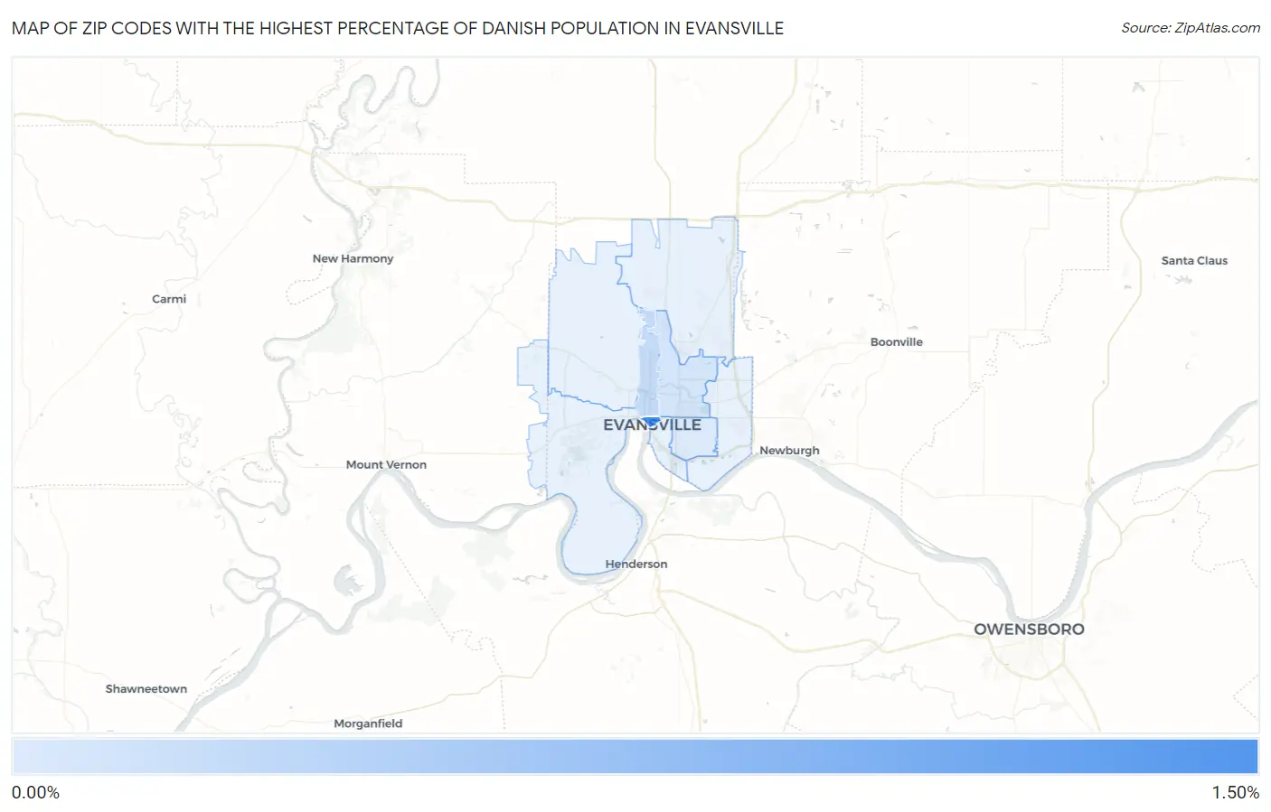 Zip Codes with the Highest Percentage of Danish Population in Evansville Map