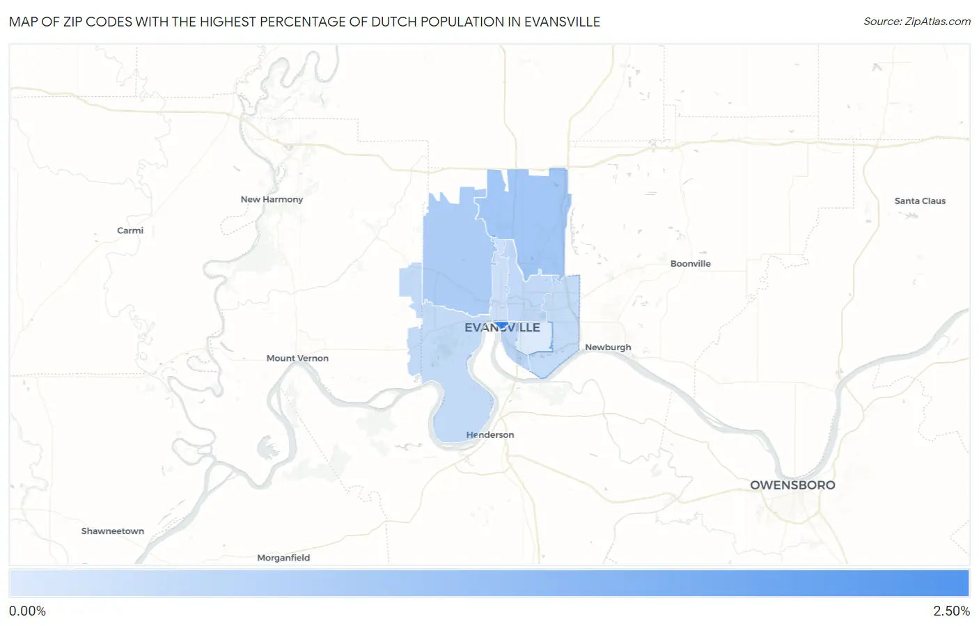 Zip Codes with the Highest Percentage of Dutch Population in Evansville Map