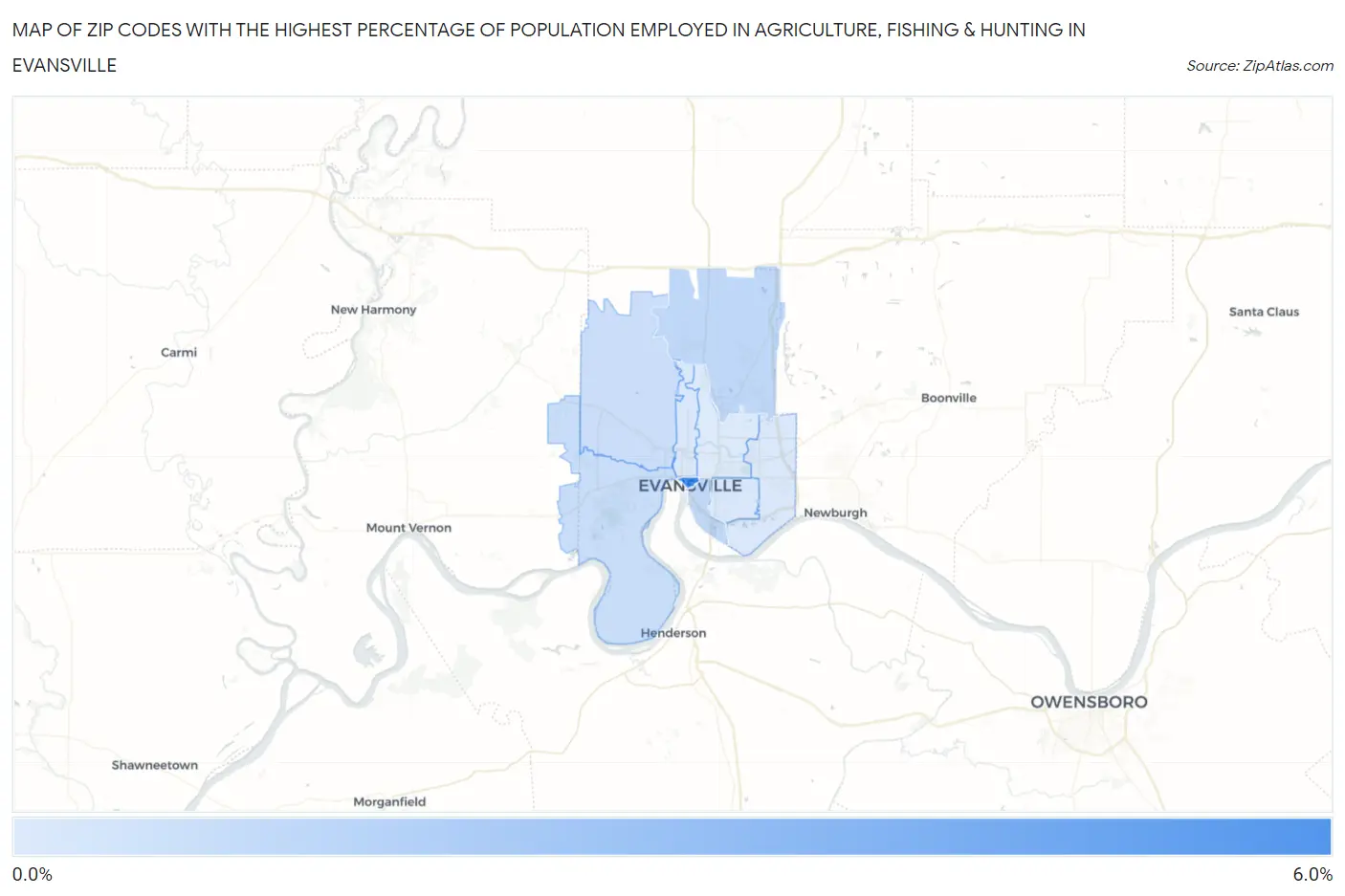 Zip Codes with the Highest Percentage of Population Employed in Agriculture, Fishing & Hunting in Evansville Map