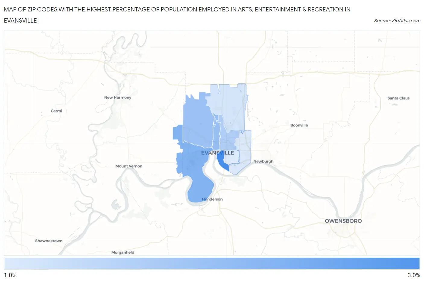 Zip Codes with the Highest Percentage of Population Employed in Arts, Entertainment & Recreation in Evansville Map
