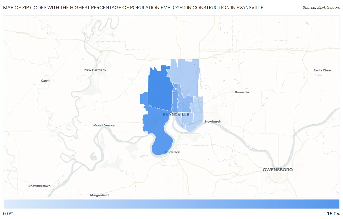 Zip Codes with the Highest Percentage of Population Employed in Construction in Evansville Map