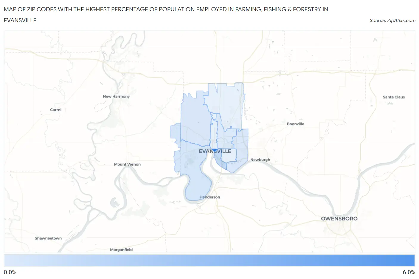 Zip Codes with the Highest Percentage of Population Employed in Farming, Fishing & Forestry in Evansville Map